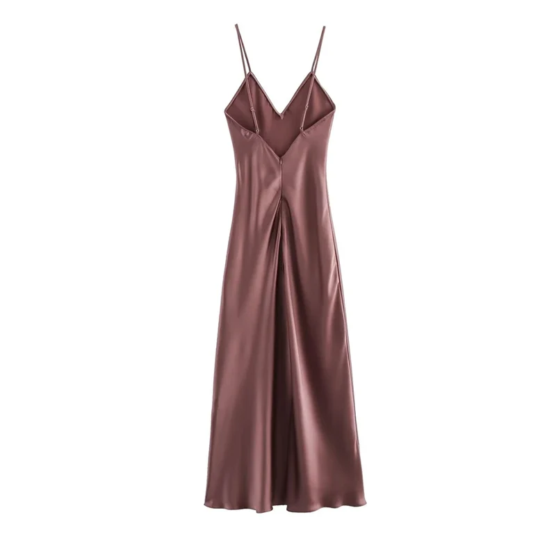 Women's Satin Midi Dress, V Neck, Thin Straps, Backless, Female Dresses, Sexy Fashion