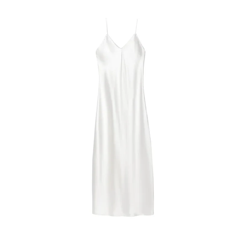 Women's Satin Midi Dress, V Neck, Thin Straps, Backless, Female Dresses, Sexy Fashion