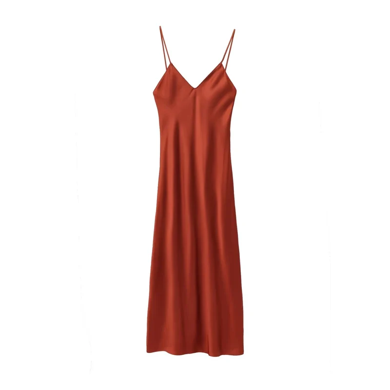 Women's Satin Midi Dress, V Neck, Thin Straps, Backless, Female Dresses, Sexy Fashion