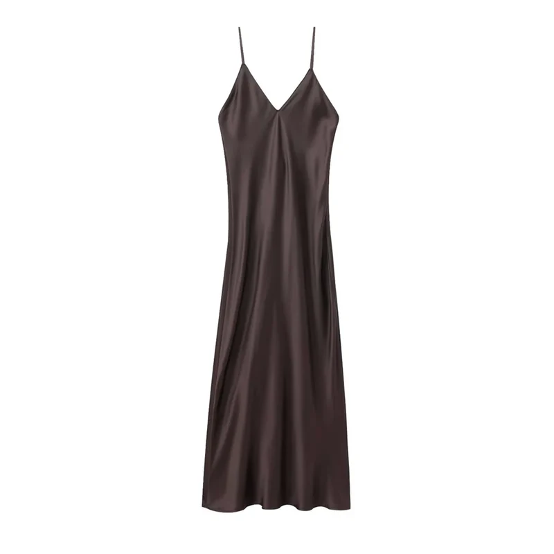 Women's Satin Midi Dress, V Neck, Thin Straps, Backless, Female Dresses, Sexy Fashion