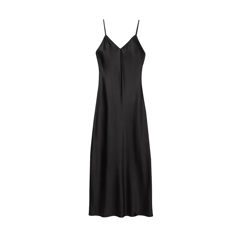 Women's Satin Midi Dress, V Neck, Thin Straps, Backless, Female Dresses, Sexy Fashion