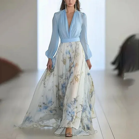 Fashion Floral Print Bohemian Long Dress Woman 2025 Deep V Neck Puff Long Sleeve Slim Waist Patchwork Maxi Dress Summer Vacation