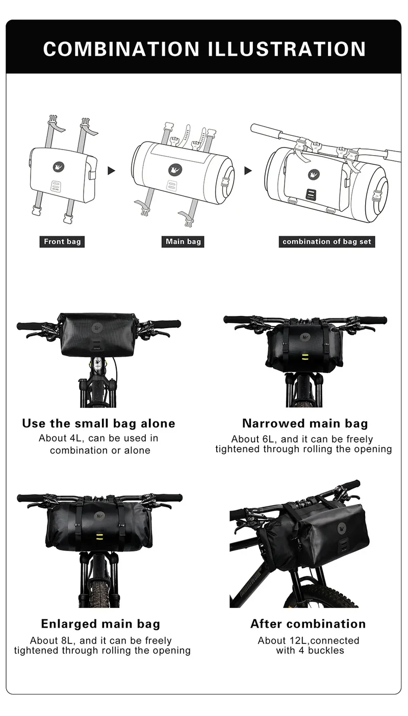 Rhinowalk Bike Handlebar Bag Waterproof Big Capacity 4L-12L Frame Front Tube Cycling Bag Trunk Pannier Bike Accessories