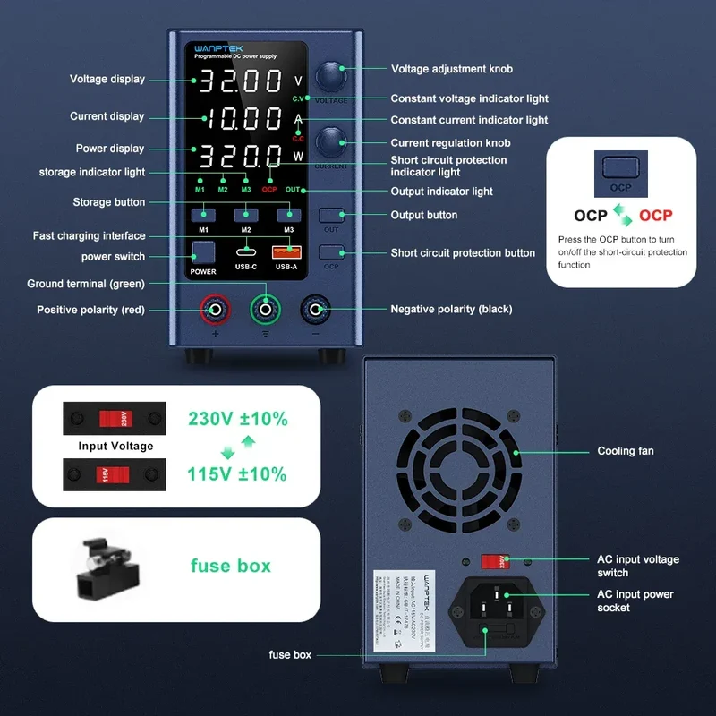 Wanptek DC Laboratory Power Supply 30V 10A 60V 5A 120V 3A Adjustable Voltage Current Applicable voltage 110V 220V Power Supply