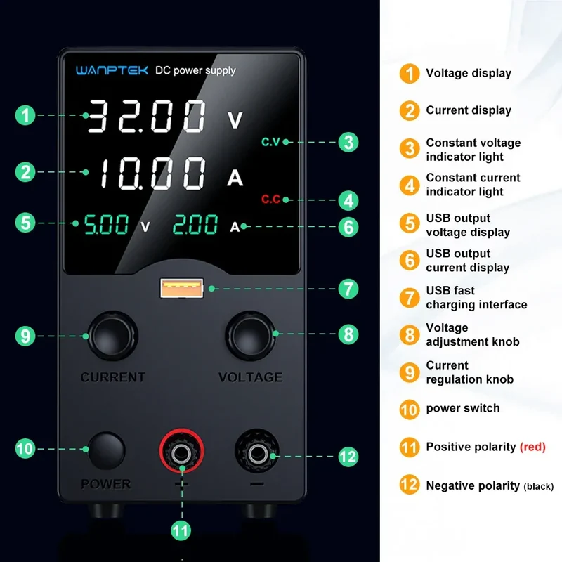 Wanptek DC Laboratory Power Supply 30V 10A 60V 5A 120V 3A Adjustable Voltage Current Applicable voltage 110V 220V Power Supply