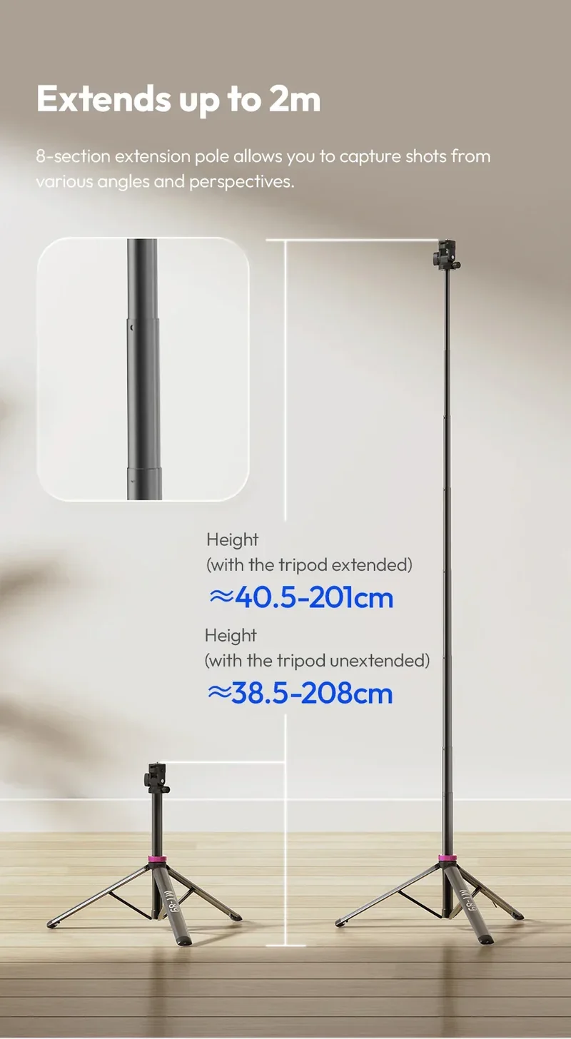 Ulanzi MT-89 2M Quick-Release Light Stand with Cold Shoe Mount 8-Section Extend for Action Camera Phone Clamp Photograph Tripod