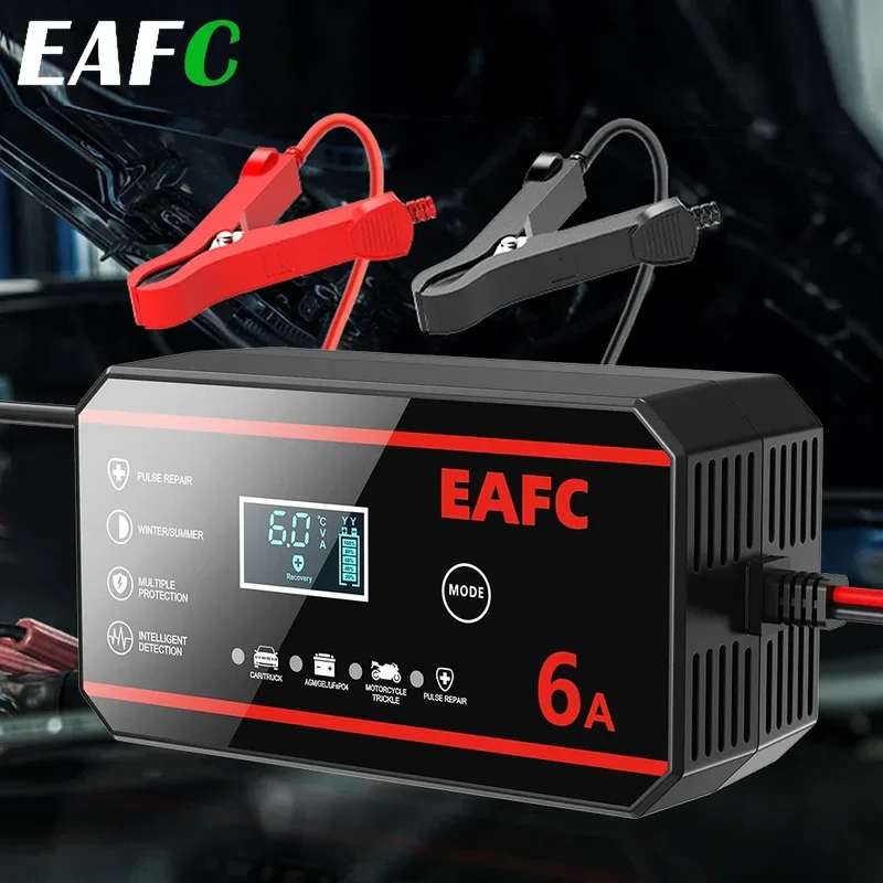 EAFC Fully Automatic 12V 6A Smart Car Battery Charger Pulse Repair LCD Display for Auto Moto AGM GEL WET Lead Acid LiFePO4
