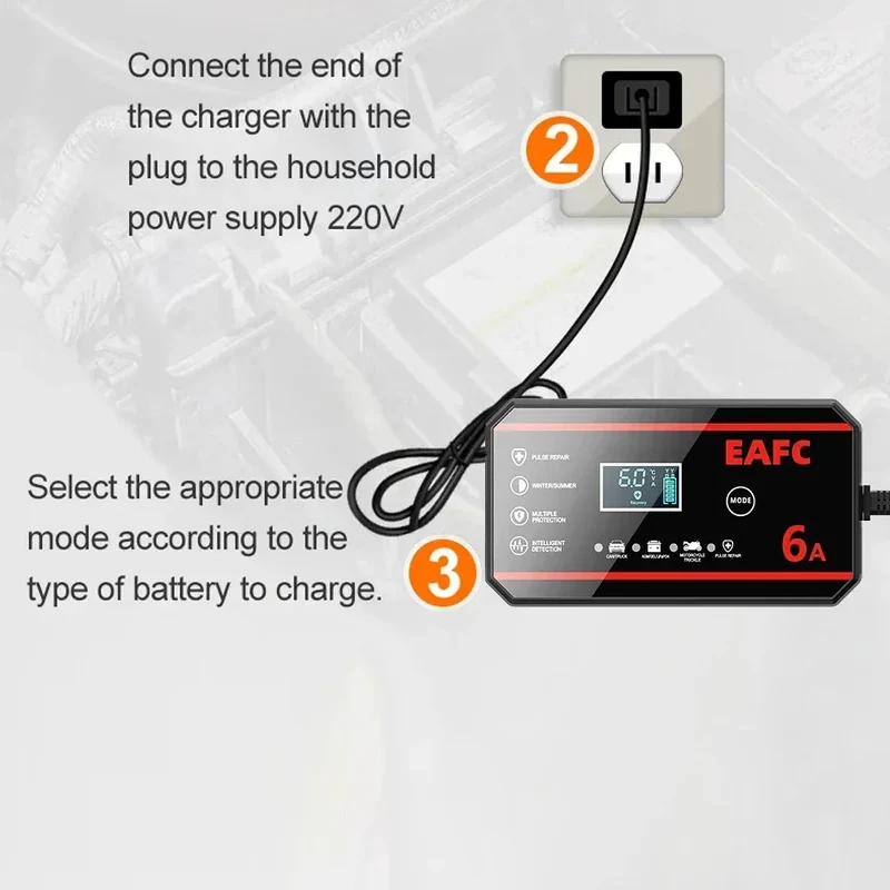 EAFC Fully Automatic 12V 6A Smart Car Battery Charger Pulse Repair LCD Display for Auto Moto AGM GEL WET Lead Acid LiFePO4