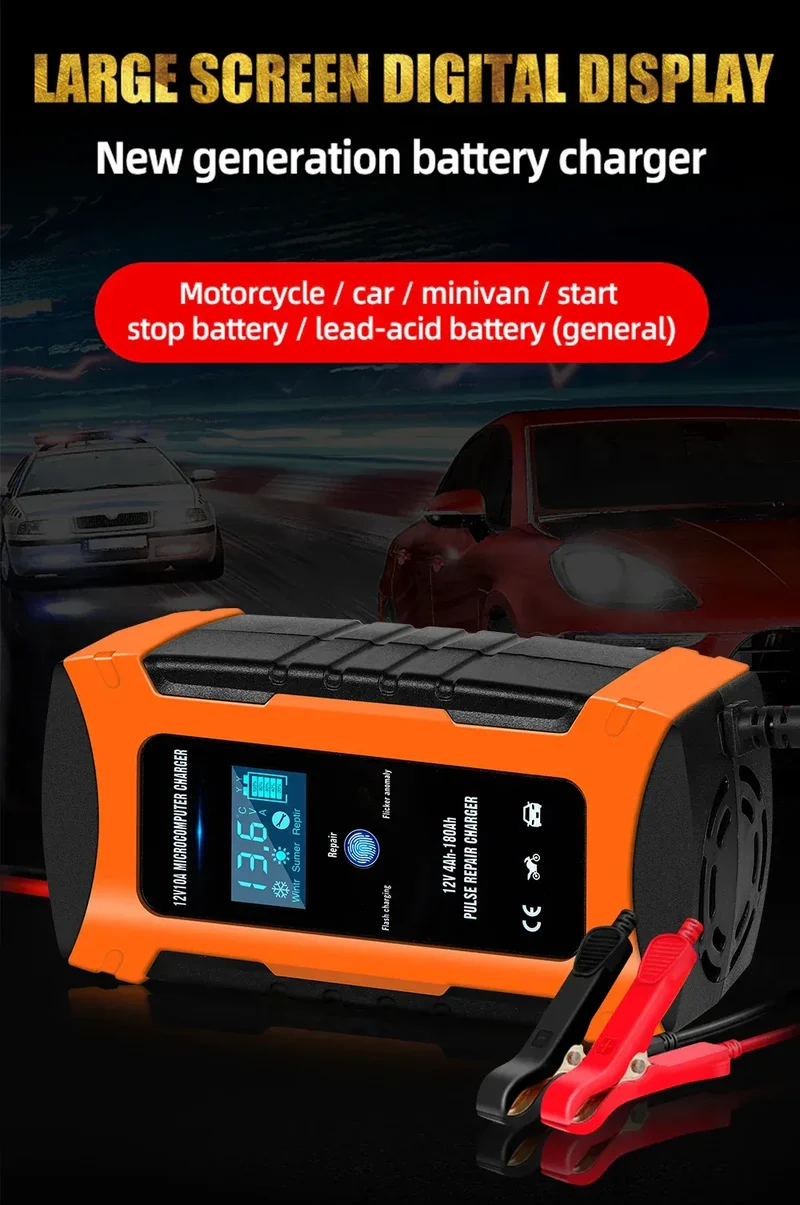 Pulse Repair Car Battery Charger 12V Output Current 10A Max Digital Display Summer Winter Mode Lead-Acid Battery Charger