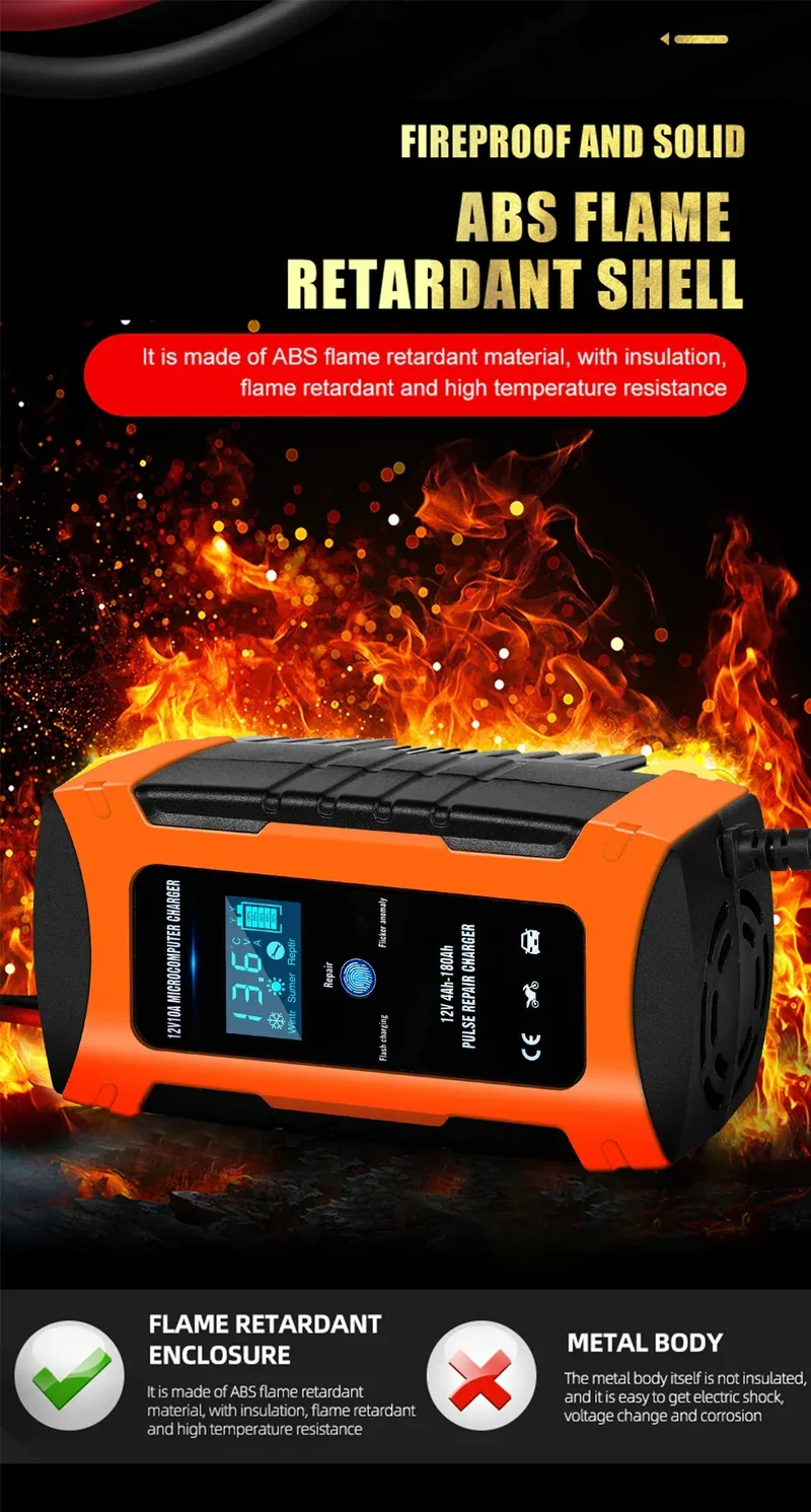 Pulse Repair Car Battery Charger 12V Output Current 10A Max Digital Display Summer Winter Mode Lead-Acid Battery Charger