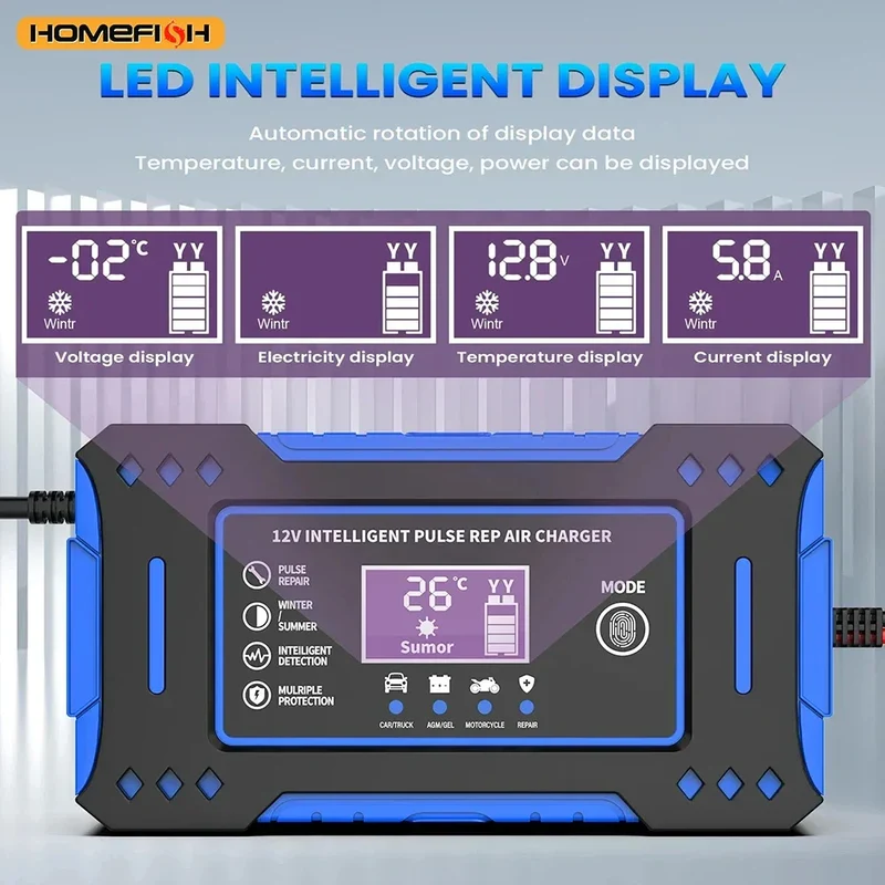 Battery Repair LCD Display 6A 12V Intelligent Car Battery Charger Car and Motorcycle Battery Charging Unit Lead-Acid