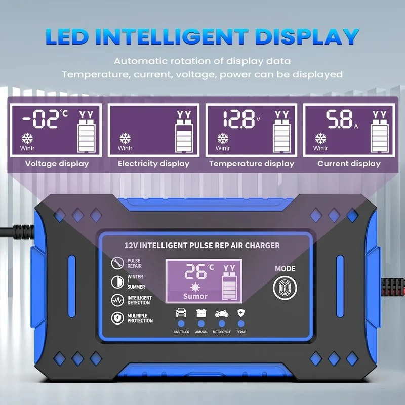 Battery Repair LCD Display 6A 12V Intelligent Car Battery Charger Car and Motorcycle Battery Charging Unit Lead-Acid