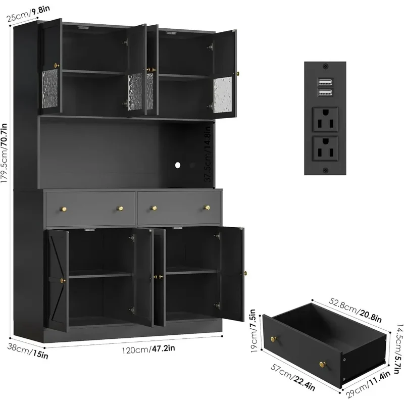 71 Inch Pantry with LED Light and Charging Station, Farmhouse Kitchen Pantry with Microwave Mount, 47.2 Inch Wide Kitchen Pantry