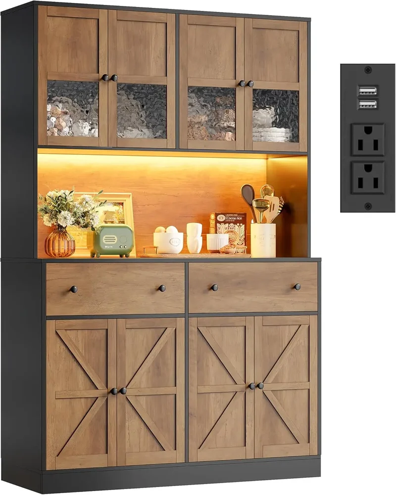 71 Inch Pantry with LED Light and Charging Station, Farmhouse Kitchen Pantry with Microwave Mount, 47.2 Inch Wide Kitchen Pantry
