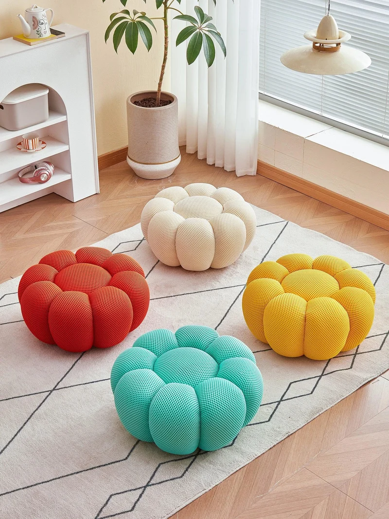 Nordic Sofa Pedal Simple Round Stool Low Ottomans Living Room Sofa Footstool 3D Fabric Creative Leg Footstool Pumpkin Footstools