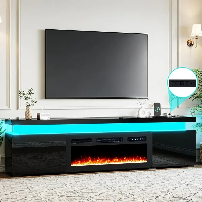 85’’ Fireplace TV Stand for 90 Inch TVs, Modern Entertainment Centers with LED Lights, High Gloss TV Console with 40’’ Electric