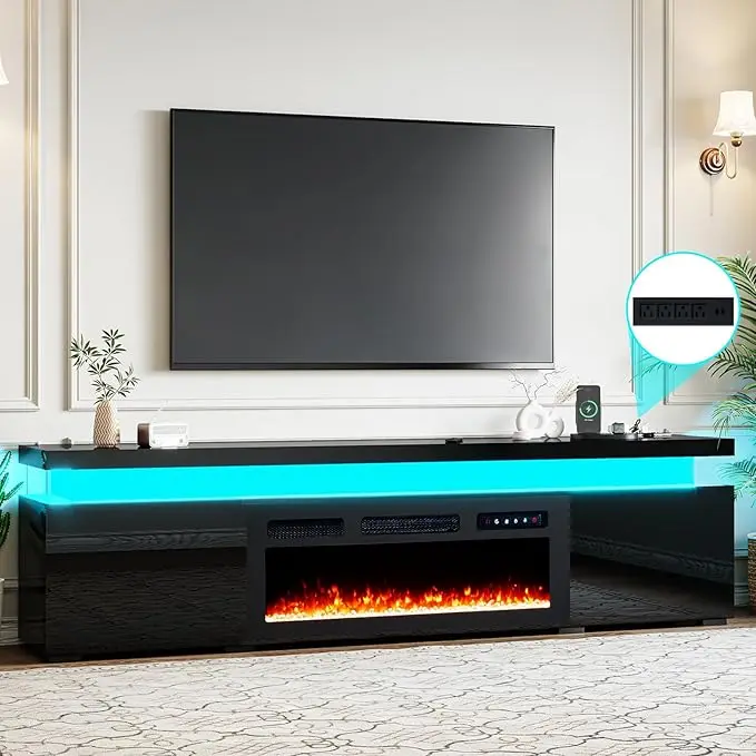 85’’ Fireplace TV Stand for 90 Inch TVs, Modern Entertainment Centers with LED Lights, High Gloss TV Console with 40’’ Electric