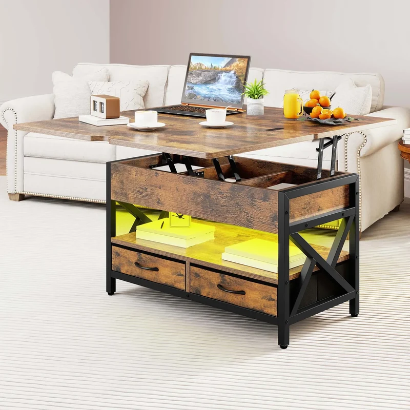 Balconera Lift-Top Coffee Table with Storage - Extendable Dining Table with 2 Drawers & LED Light, 90×50×51.5cm