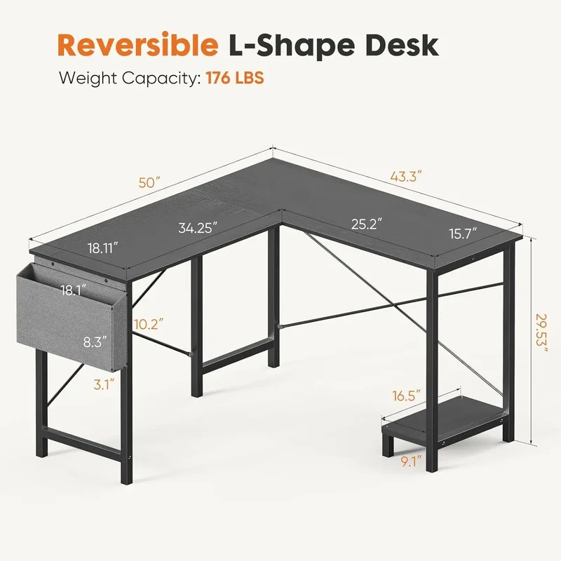 L-Shaped Gaming Desk with CPU Stand and Side Bag, Black, 50-Inch for Home Office or Dorm