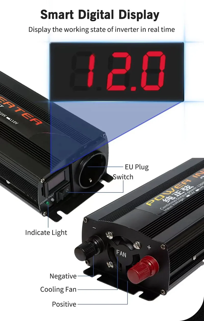 Inverter 12v 220v For 110v Pure Sine DC 12V 24V Power 1000W 2000W 2600W Solar Car Inverters Single Digital Display Converter