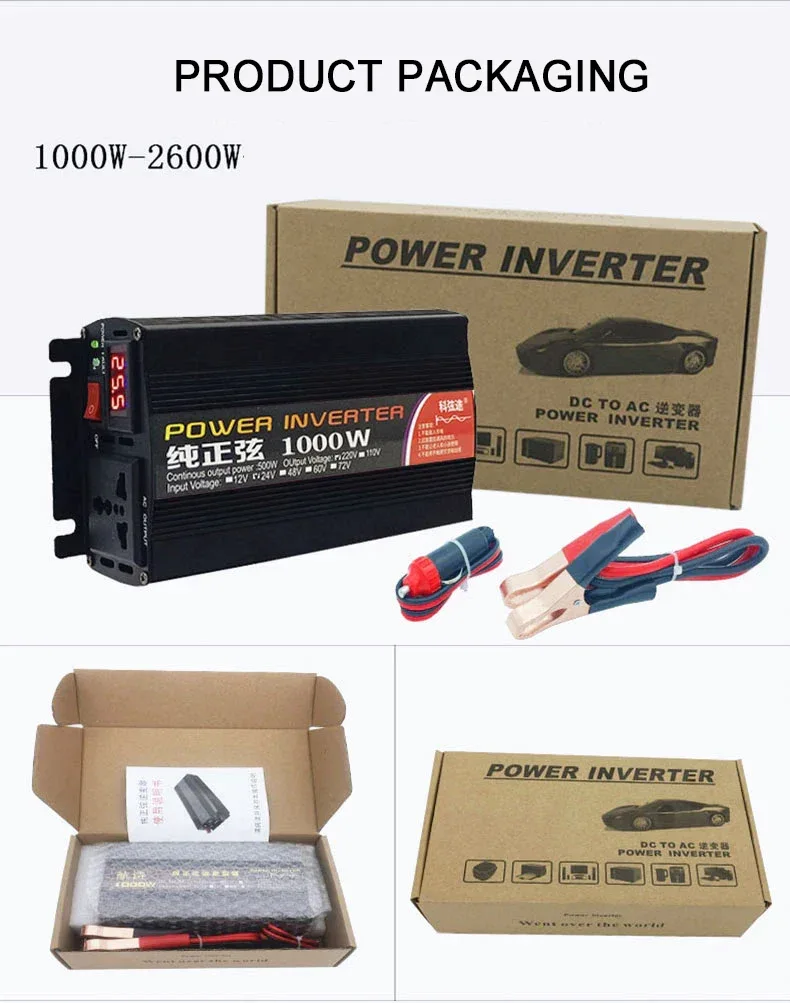 Inverter 12v 220v For 110v Pure Sine DC 12V 24V Power 1000W 2000W 2600W Solar Car Inverters Single Digital Display Converter