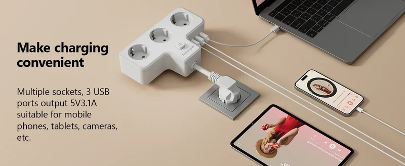3840W EU Plug Power Strip with 2USB-A and Type-C Fast Charging Outlets Adapter Electrical Socket 250V 16A with Expansion Cable