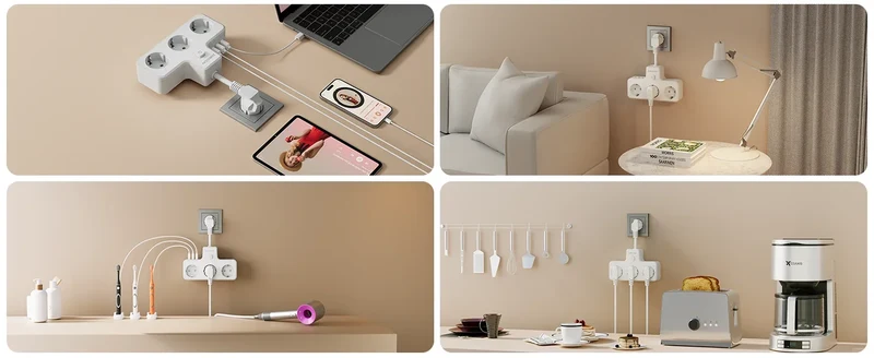 3840W EU Plug Power Strip with 2USB-A and Type-C Fast Charging Outlets Adapter Electrical Socket 250V 16A with Expansion Cable