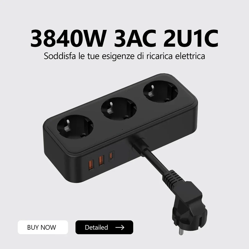 3840W EU Plug Power Strip with 2USB-A and Type-C Fast Charging Outlets Adapter Electrical Socket 250V 16A with Expansion Cable