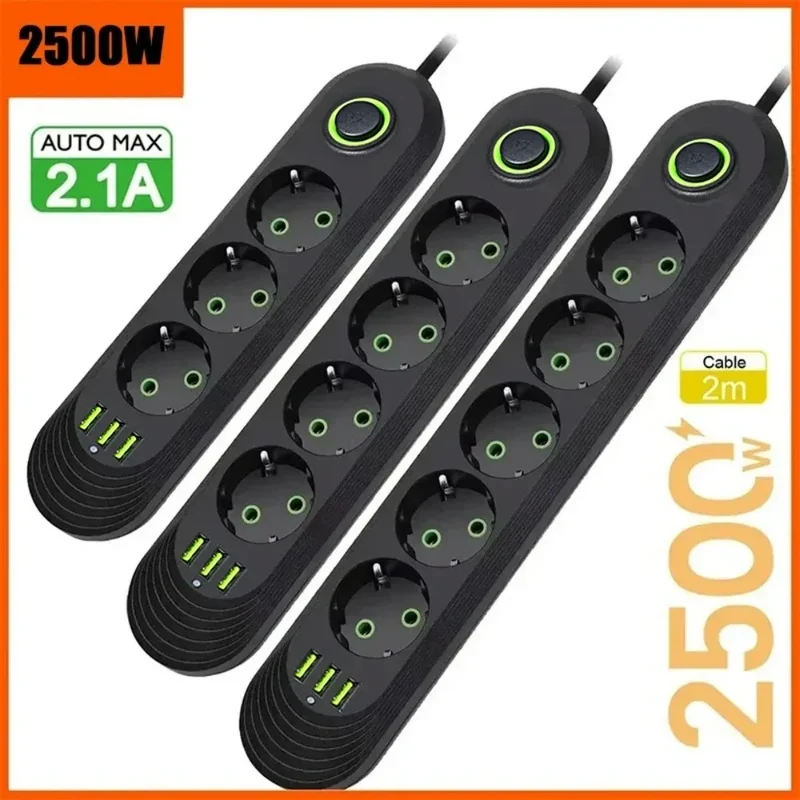 2500W EU Plug Power Socket 2m Extension Cable 3 USB Jack 3/4/5 Holes Power Strip Socket Network Filter With USB Ports Charging