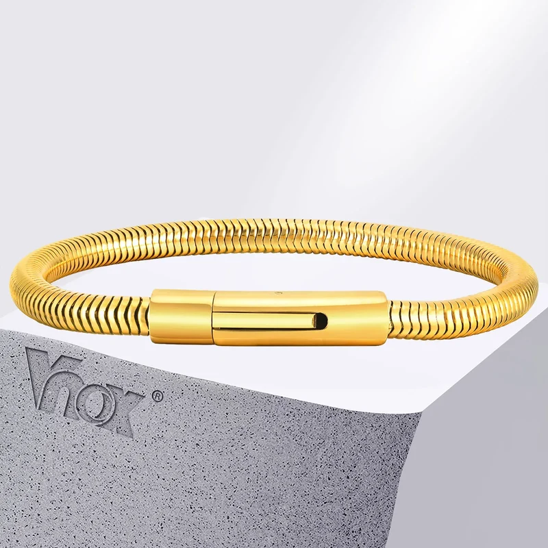 Vnox 5mm Round Snake Chain Bracelets for Men Women Black Silver Color Waterproof Cocoon Links Wristband Simple Cool Jewelry