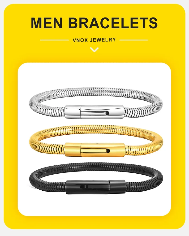Vnox 5mm Round Snake Chain Bracelets for Men Women Black Silver Color Waterproof Cocoon Links Wristband Simple Cool Jewelry
