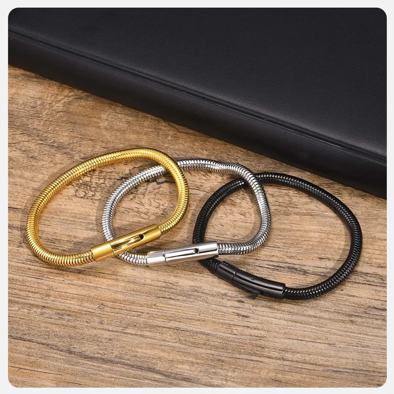 Vnox 5mm Round Snake Chain Bracelets for Men Women Black Silver Color Waterproof Cocoon Links Wristband Simple Cool Jewelry
