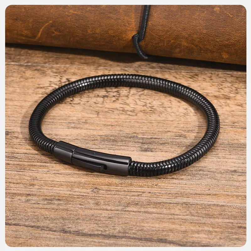Vnox 5mm Round Snake Chain Bracelets for Men Women Black Silver Color Waterproof Cocoon Links Wristband Simple Cool Jewelry