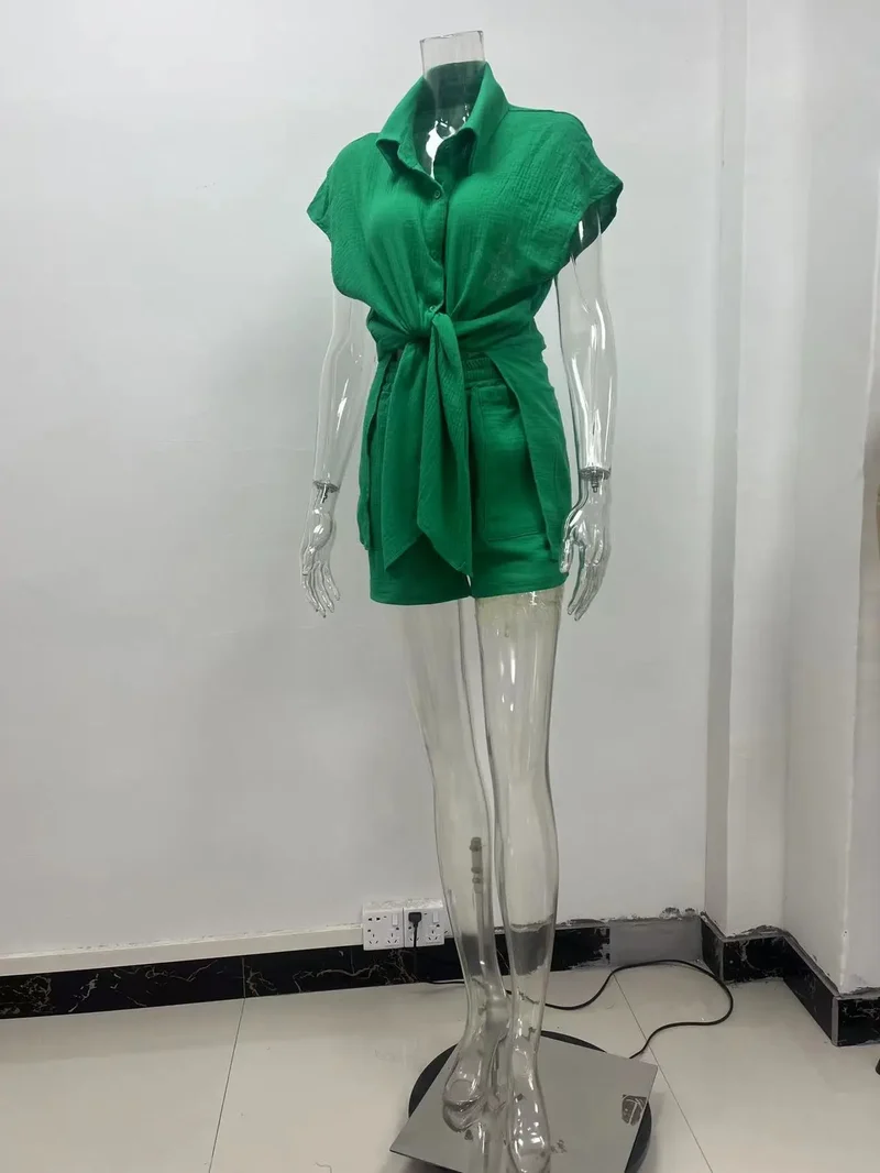 Summer cotton and linen solid color shirt short sleeved casual shorts set