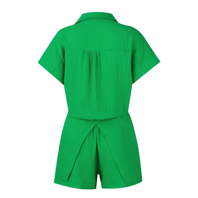 Summer cotton and linen solid color shirt short sleeved casual shorts set