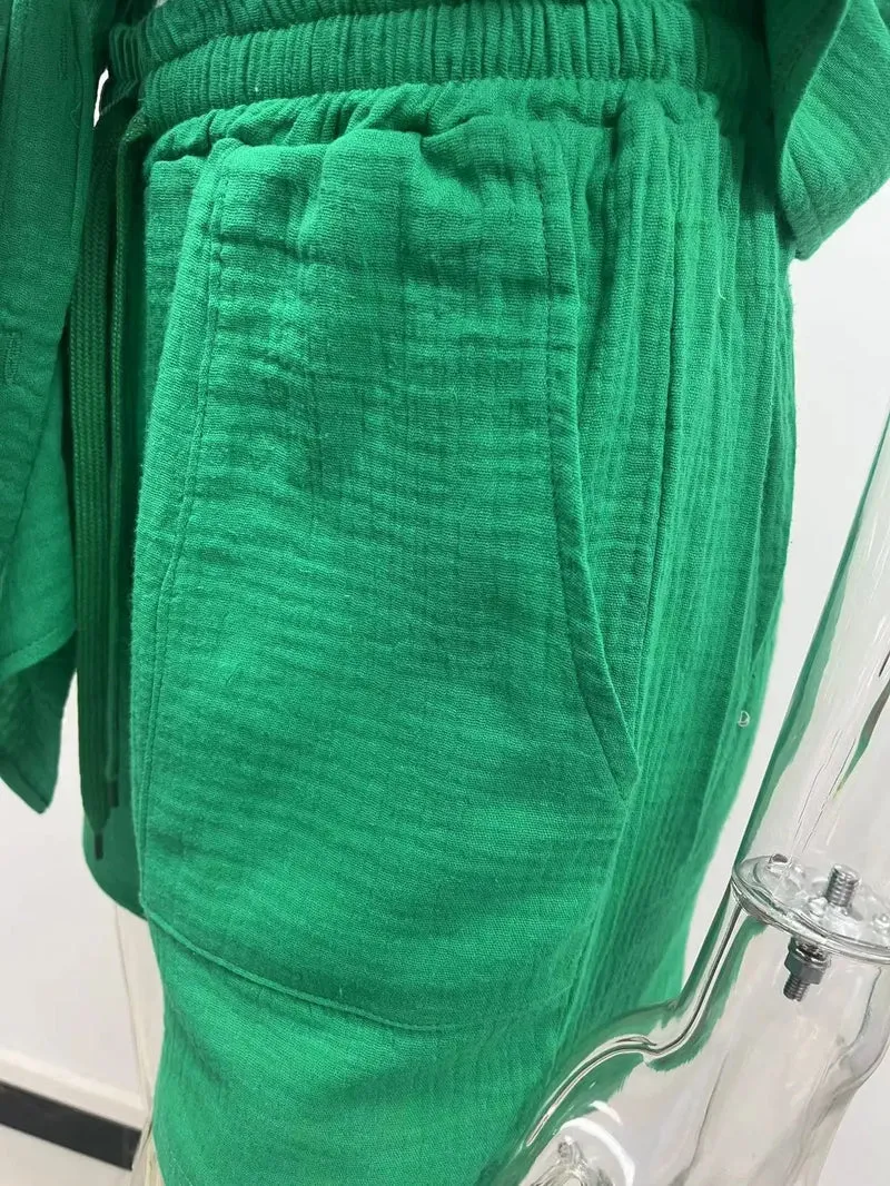 Summer cotton and linen solid color shirt short sleeved casual shorts set