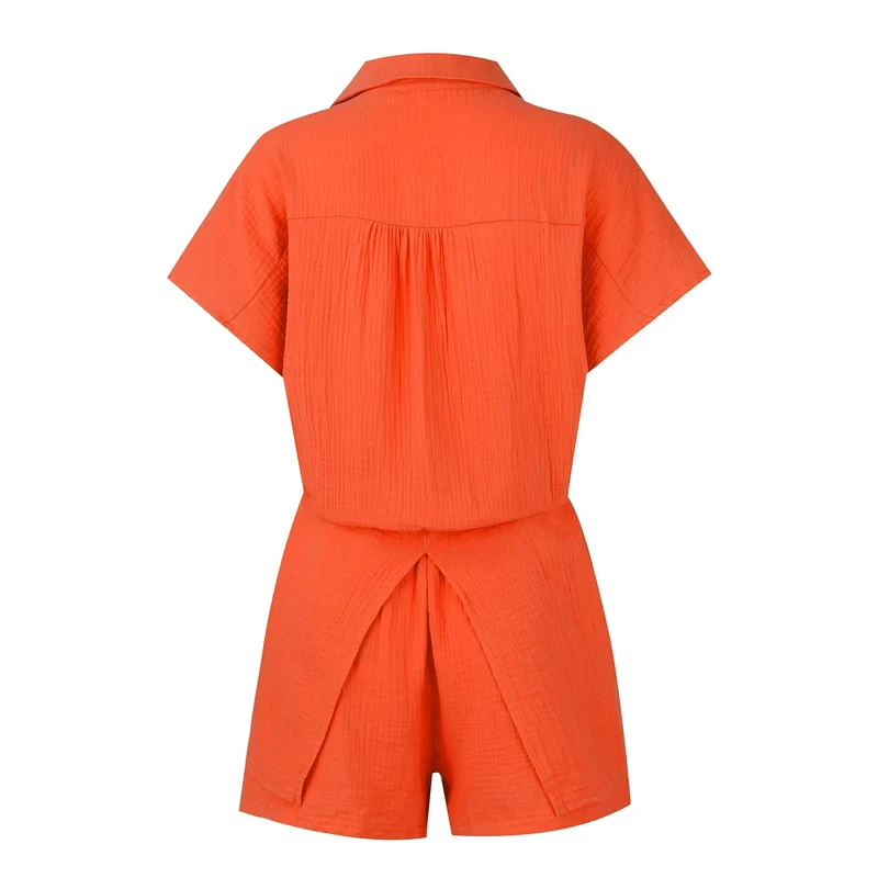 Summer cotton and linen solid color shirt short sleeved casual shorts set
