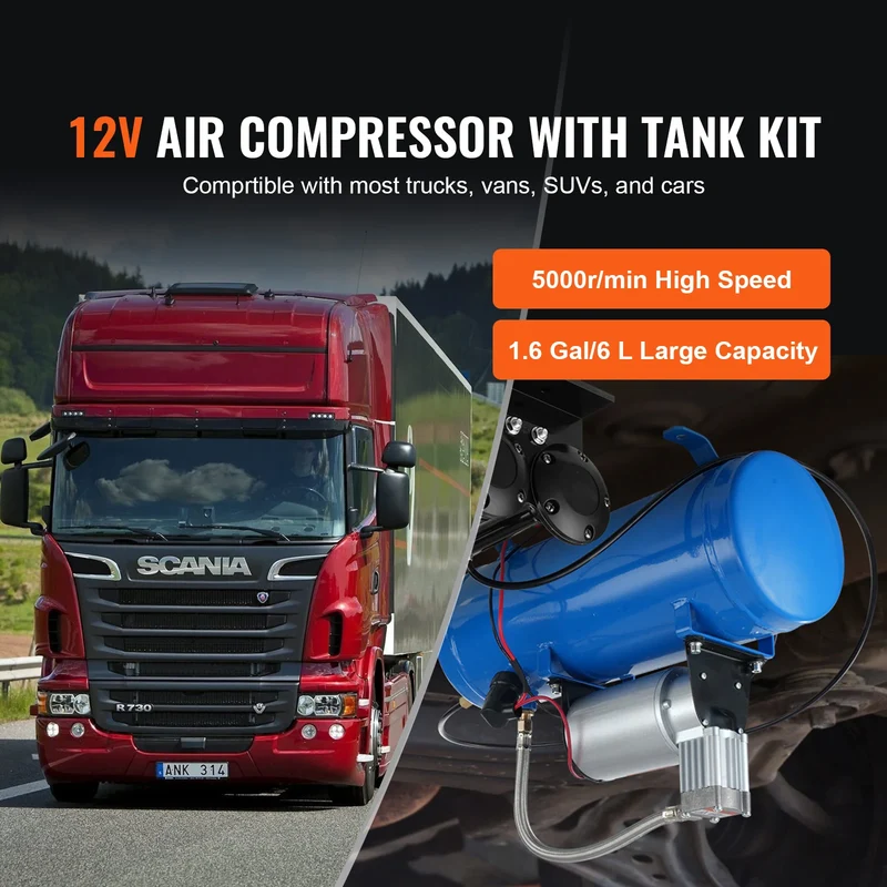 SucceBuy 12V Air Compressor with Tank 1.6 Gallon/6 L 120 psi Onboard Air Compressor System for Train Air Horns Inflating Tires