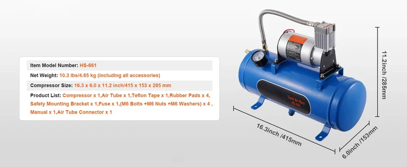 SucceBuy 12V Air Compressor with Tank 1.6 Gallon/6 L 120 psi Onboard Air Compressor System for Train Air Horns Inflating Tires
