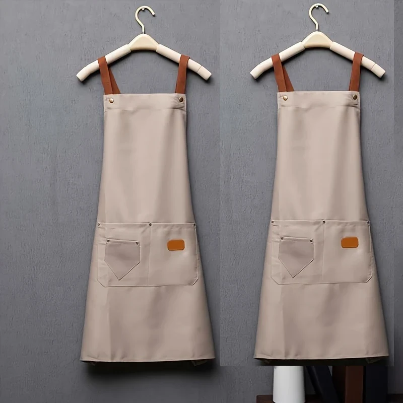 Khaki Kitchen Apron Waterproof Cross Adjustable Webbing Restaurant bar Barbershop Garden With Pocket Custom Logo