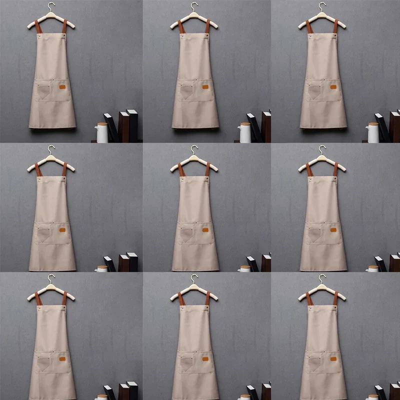 Khaki Kitchen Apron Waterproof Cross Adjustable Webbing Restaurant bar Barbershop Garden With Pocket Custom Logo