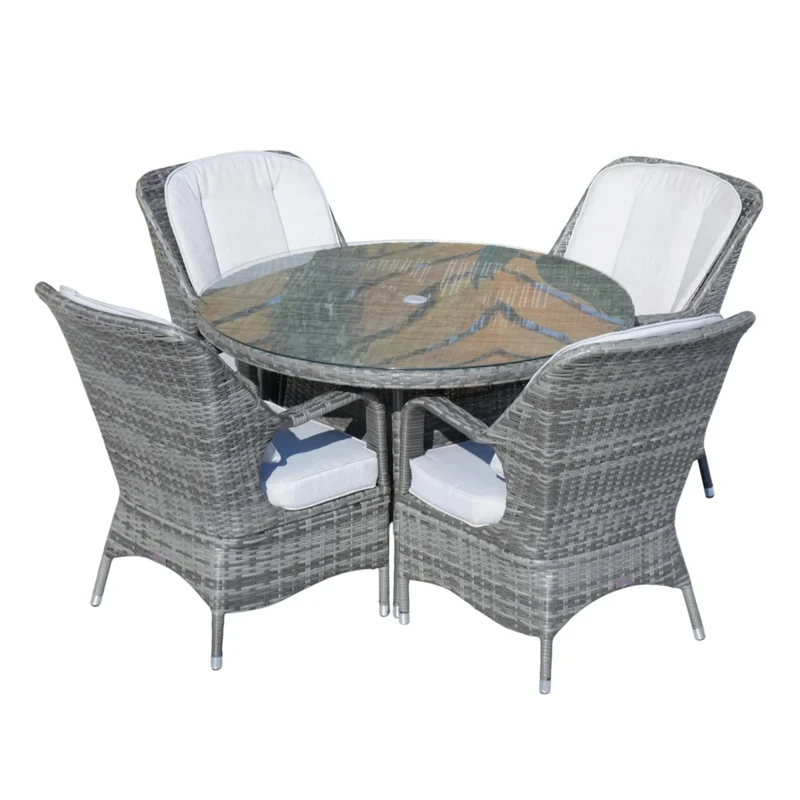 HMS Five-Piece Extendable Dining Set Modern Round Gray Glass Wood for Kitchen Living Room Hotel or Outdoor Home Furniture