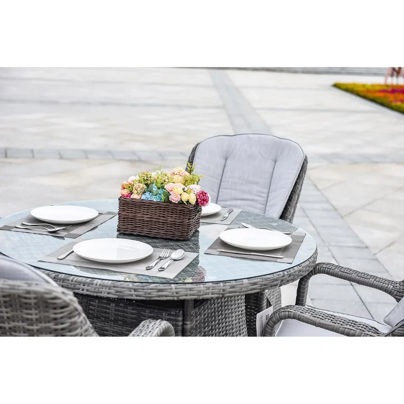 HMS Five-Piece Extendable Dining Set Modern Round Gray Glass Wood for Kitchen Living Room Hotel or Outdoor Home Furniture