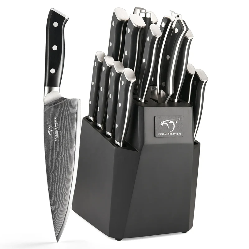 18 Pieces Damascus Steel VG10 Kitchen Tool Kitchen Knives Knife Set with Black Wooden Block with ABS Handle