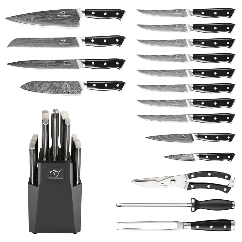 18 Pieces Damascus Steel VG10 Kitchen Tool Kitchen Knives Knife Set with Black Wooden Block with ABS Handle