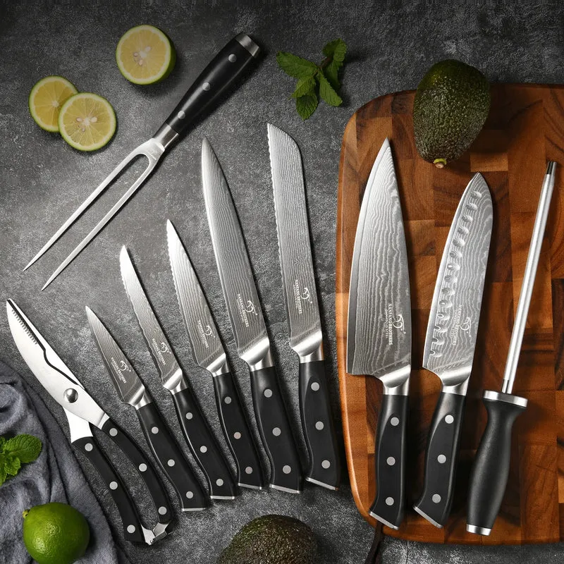18 Pieces Damascus Steel VG10 Kitchen Tool Kitchen Knives Knife Set with Black Wooden Block with ABS Handle