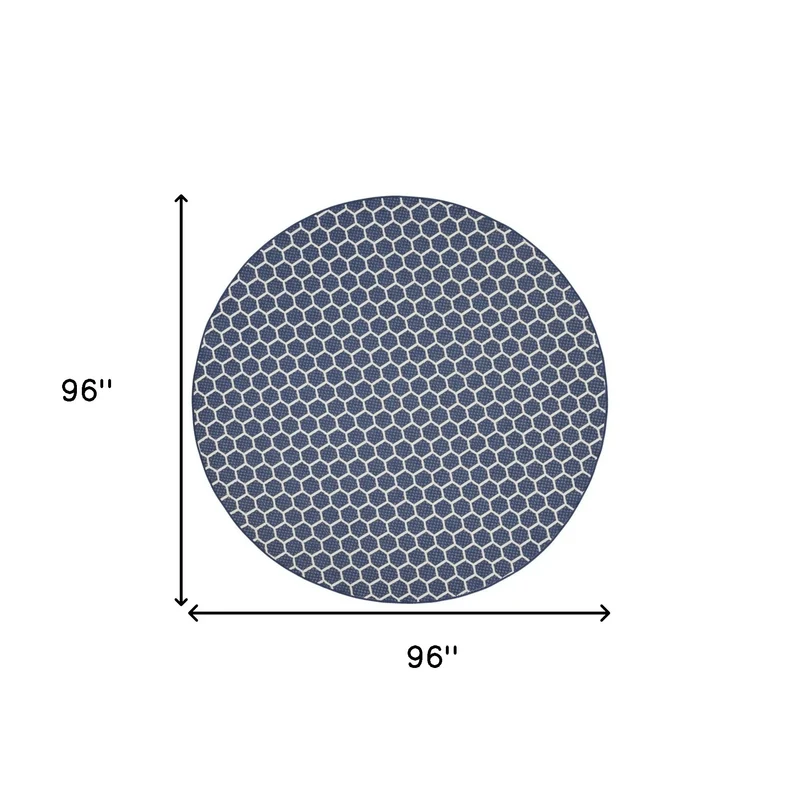 HMS 8' Navy Blue Ivory Geometric Indoor/Outdoor Reversible Area Rug Modern Square Pattern for Teenagers for Office or Kitchen