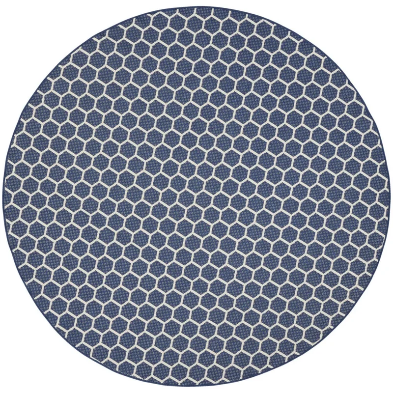 HMS 8' Navy Blue Ivory Geometric Indoor/Outdoor Reversible Area Rug Modern Square Pattern for Teenagers for Office or Kitchen