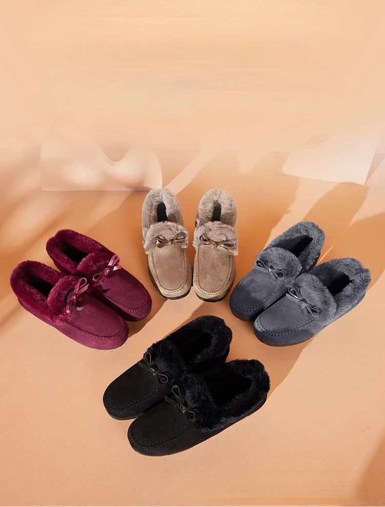 Women Winter Casual Shoes New Moccasins Soft Flat Non-slip Loafers Fashion Comfort Warm Plush Bow Slip on Female Cotton Shoes