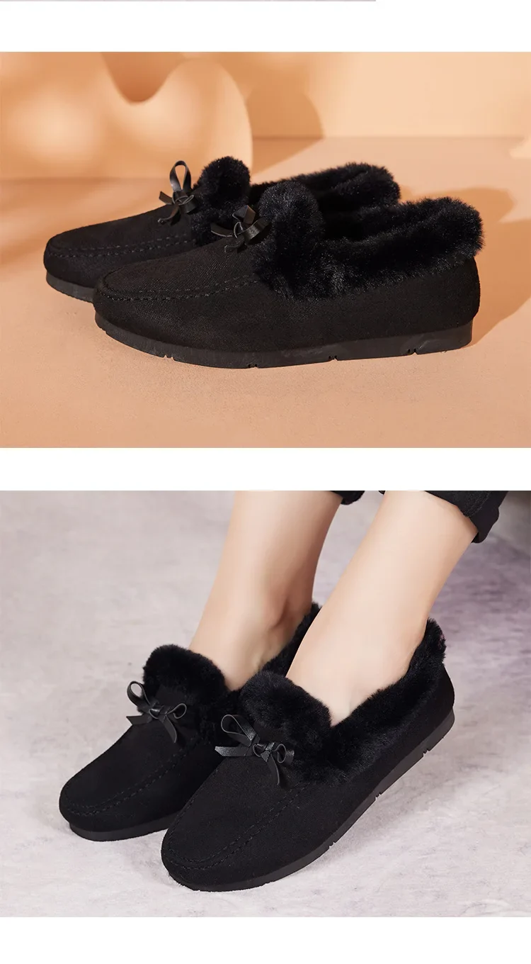 Women Winter Casual Shoes New Moccasins Soft Flat Non-slip Loafers Fashion Comfort Warm Plush Bow Slip on Female Cotton Shoes